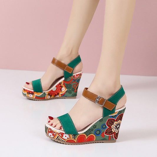 Fashion Flowers Embroidered High Wedge Sandals For Women